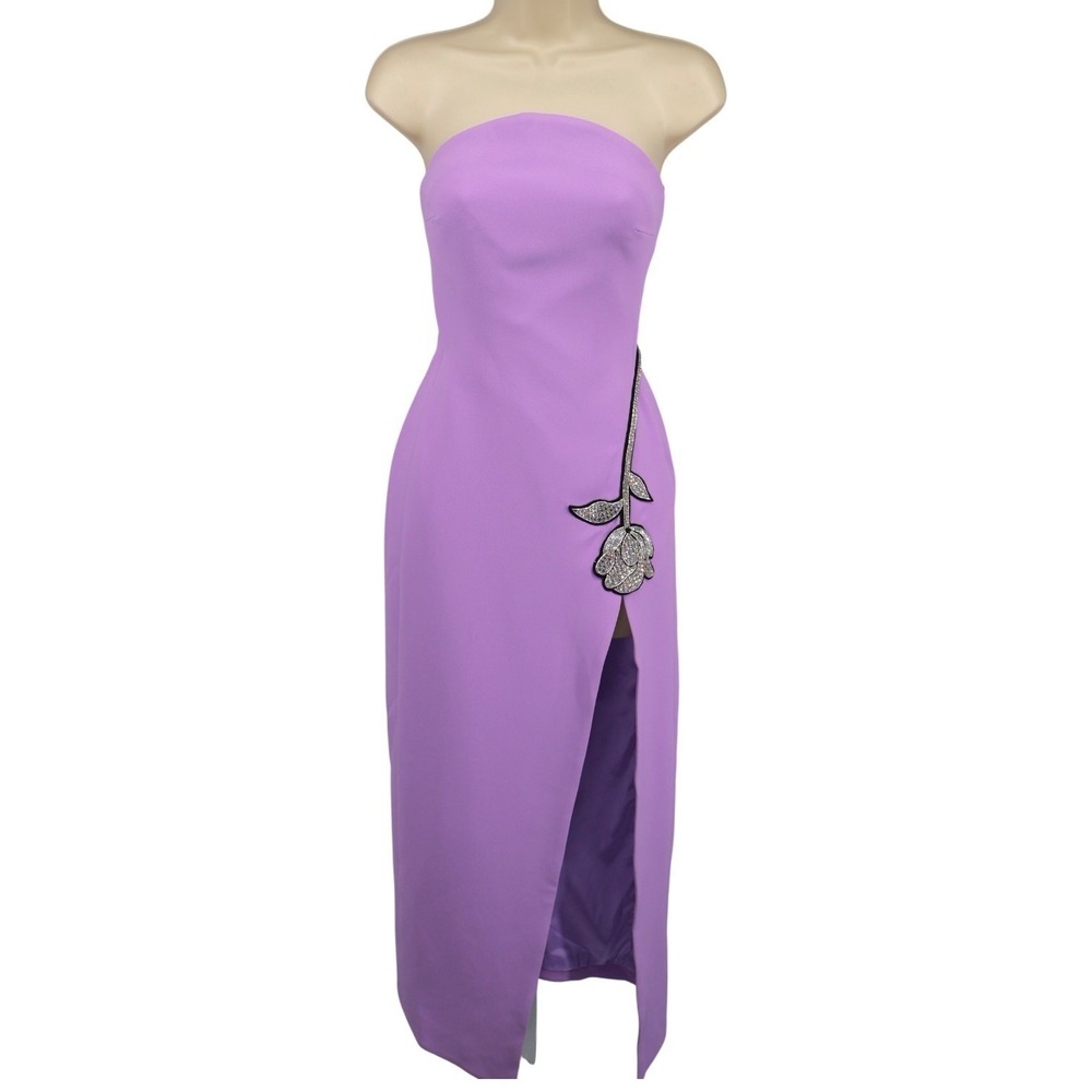 David Koma‎ Crystal Rose Strapless Midi Dress Lilac Silver Floral Applique US 6